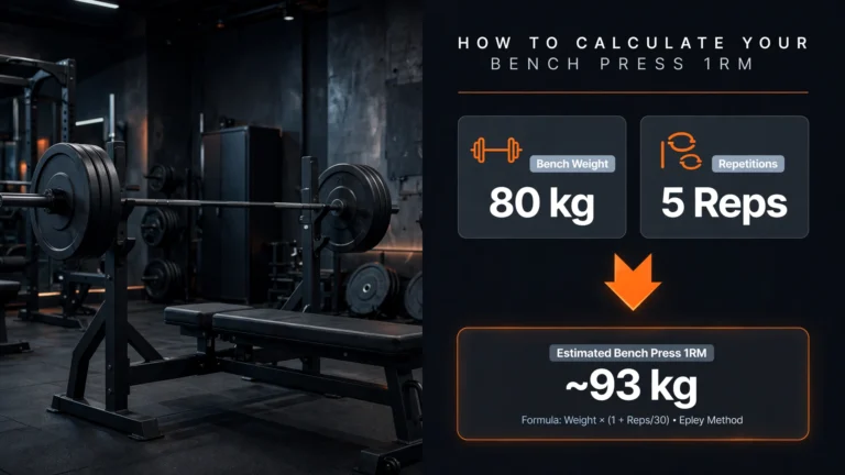 Loaded barbell on a bench press station with bench weight, repetitions and estimated bench press 1RM data
