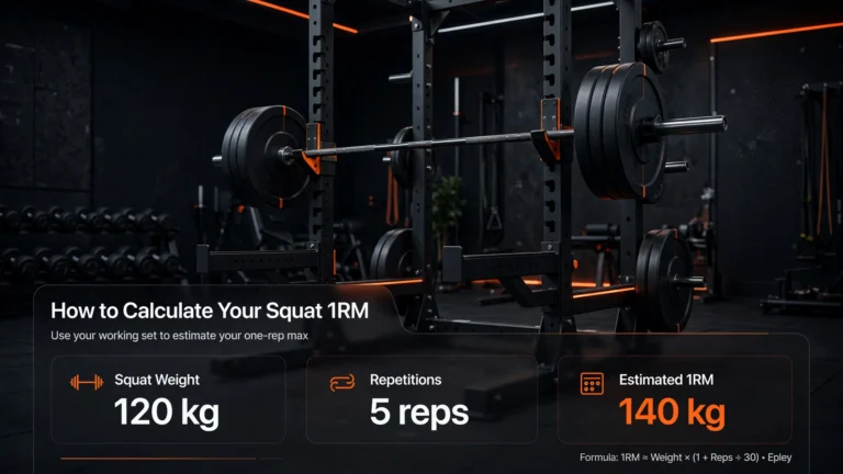 Loaded barbell on a squat rack with squat weight, repetitions and estimated 1RM data