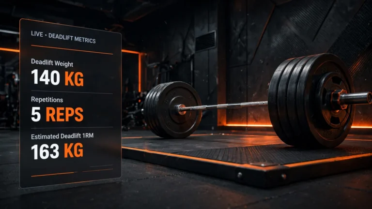 Loaded barbell on a deadlift platform with deadlift weight, repetitions and estimated deadlift 1RM data