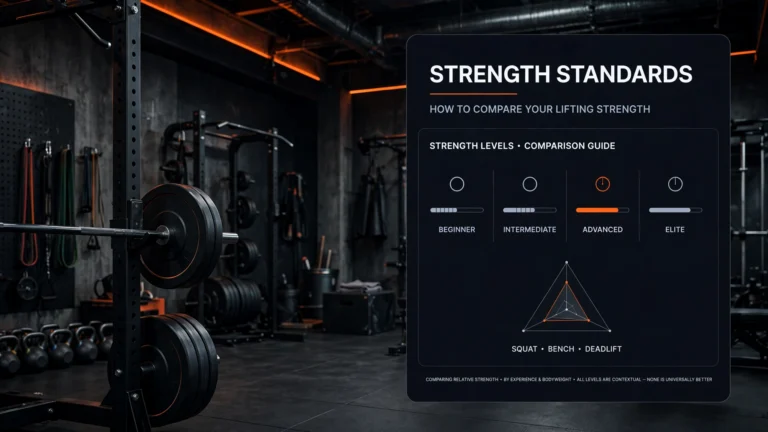 Loaded barbell in a dark gym with a strength standards panel comparing strength levels for squat, bench press and deadlift