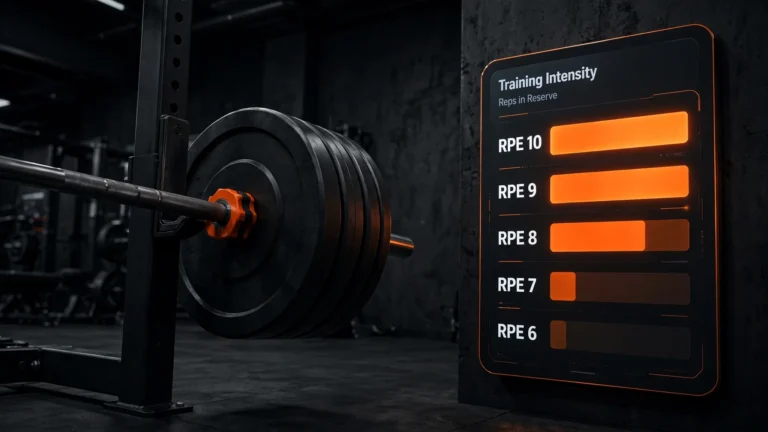 Barbell in a dark gym with an RPE training intensity scale from RPE 6 to RPE 10 and reps in reserve data.